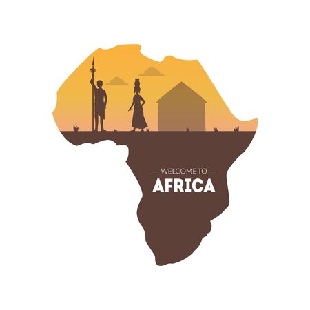 Welcome To Africa Banner Template African Map With Silhouettes Of