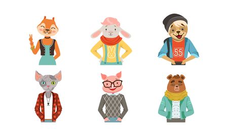 People with Animal Heads Vector Set. Mammal Characters Wearing Trendy Clothesのイラスト素材