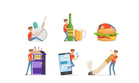 Young Man Having Bad Habits Vector Illustrations Set. Harmful Addictions Conceptのイラスト素材