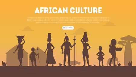 African Culture Landing Page Template with Silhouettes of Native Tribal People in Traditional Clothes Vector illustrationのイラスト素材