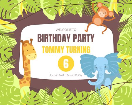 Birthday Party Banner Template with Cute African Animals, Invitation Card, Poster Vector illustration, Web Design.のイラスト素材