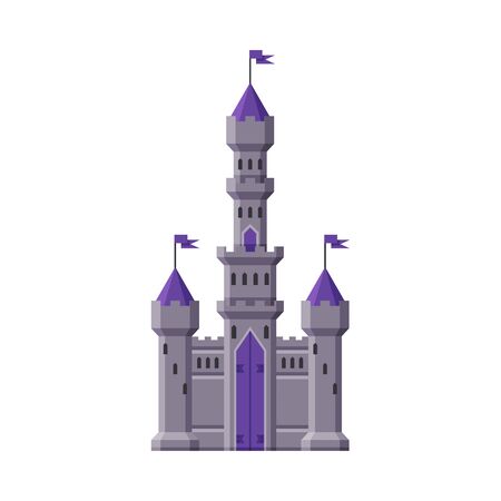 Medieval Castle, Fairytale Stone Fortress with Flags, Ancient Fortified Palace Exterior Vector Illustrationのイラスト素材