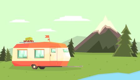 Travel Trailer Against Mountain Landscape, Camping and Traveling Vector illustrationのイラスト素材