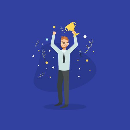 Smiling Successful Businessman with Winner Cup Trophy Vector illustrationのイラスト素材