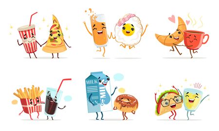 Forever Friends Collection, Cute Funny Food and Drink Cartoon Characters, Childish Menu Elements Vector Illustrationのイラスト素材