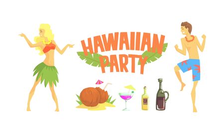 Hawaiian Party, Happy People Relaxing on Summer Holidays Vector Illustrationのイラスト素材