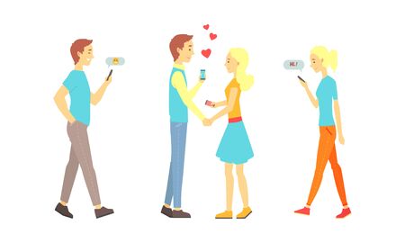 People Using Mobile Application for Dating Set, Virtual Relationships, Couples Chatting Online with Their Gadgets Vector Illustrationのイラスト素材