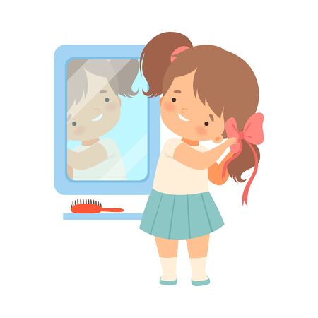 Little Girl Standing In Front Of The Mirror Braiding Her Hair Vector Illustration Tasmeemme Com