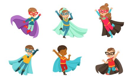 Adorable Kid Superheroes Collection, Cute Little Boys and Girls Wearing Colorful Comics Costumes and Masks, Birthday Party, Festival Design Element Vector Illustrationのイラスト素材