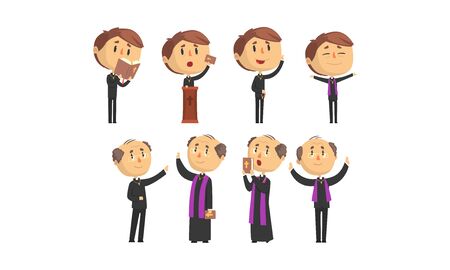 Man Priests Characters Collection, Young and Mature Catholic Preachers Blessing, Praying, Giving Speech Vector Illustrationのイラスト素材