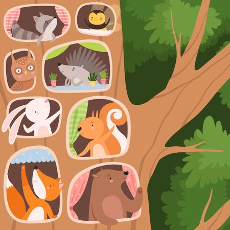 Funny Animals Inside the Tree Hollow Arranging Their Cozy Homes Vector Illustrationのイラスト素材
