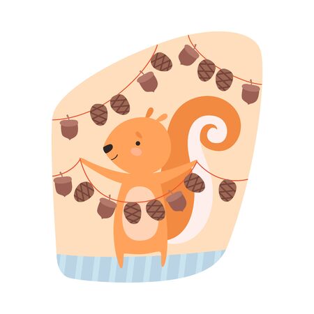 Squirrel Engaged in Hanging Acorns on the Rope Vector Illustrationのイラスト素材