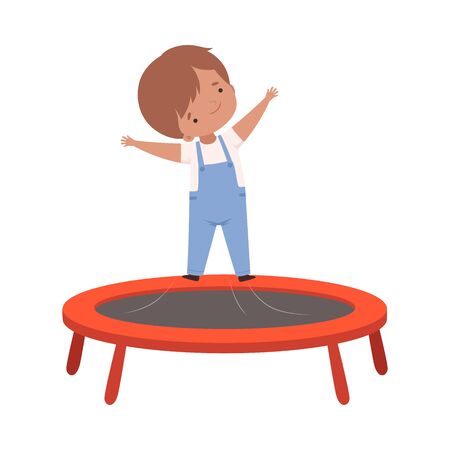 Cute Boy Bouncing on a Trampoline, Kid Trampolining and Having Fun, Active Children Leisure Vector Illustrationのイラスト素材