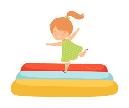 Cute Girl Bouncing on an Inflatable Trampoline, Happy Kid Trampolining and Having Fun, Active Children Leisure Vector Illustrationのイラスト素材