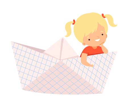 Cute Smiling Little Blonde Girl Sailing on a Paper Boat Vector Illustrationのイラスト素材