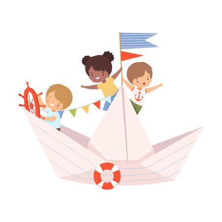Cute Little Kids Sailing on a Paper Boat with Colorful Flags and Lifebuoy Vector Illustrationのイラスト素材