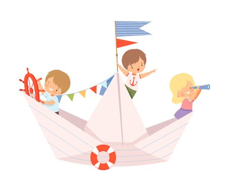 Team of Little Kids Sailing on a Paper Boat with Colorful Flags and Lifebuoy Vector Illustrationのイラスト素材