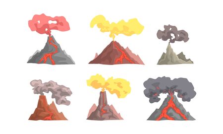 Volcano Eruption Collection, Magma Blowing up with Lava Flowing Down Vector Illustrationのイラスト素材