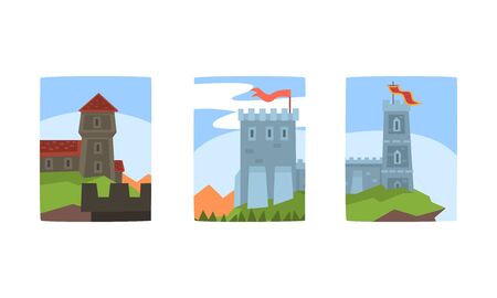 Medieval Stone Castles and Towers with Flags Collection, Ancient Buildings on Summer Nature Landscape Vector Illustrationのイラスト素材