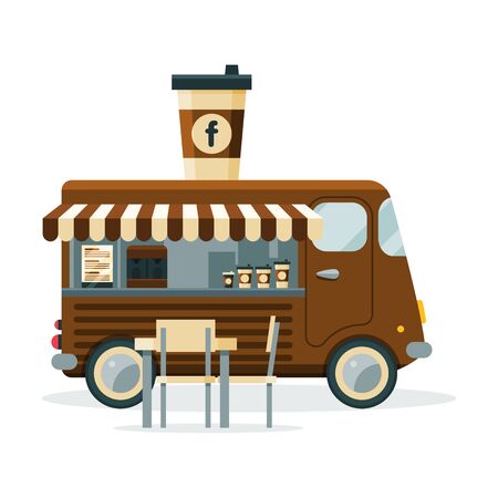 Coffee Truck with Cup of Drink on Top, Street Meal Vehicle, Mobile Shop Vector Illustrationのイラスト素材