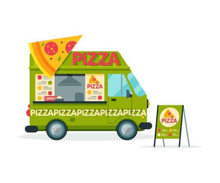 Pizza Food Truck, Street Meal Vehicle, Fast Food Delivery Vector Illustrationのイラスト素材