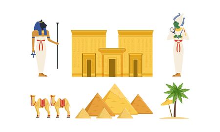 Traditional Cultural and Historical Symbols of Egypt Collection, Ancient Egyptian Deities, Pyramids, Camel, , Palm Tree Vector Illustrationのイラスト素材