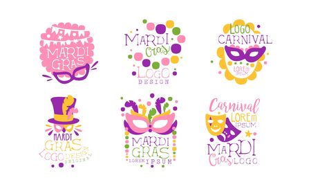 Mardi Gras Logo Design Collection, Colorful Carnival Festive Labels Vector Illustrationのイラスト素材