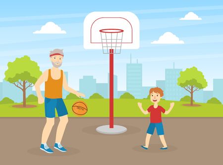 Senior Playing Basketball with His Grandson, Elderly People Active Healthy Lifestyle Vector Illustration in Flat Style.のイラスト素材