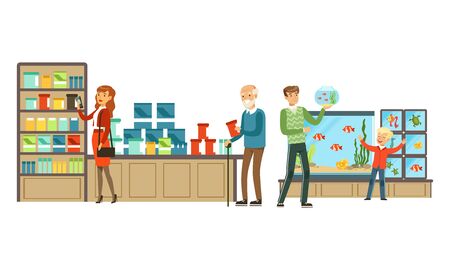 Pet Shop Interior, People Buying Animals, Feed, Accessories for their Pets Vector Illustration on White Background.のイラスト素材