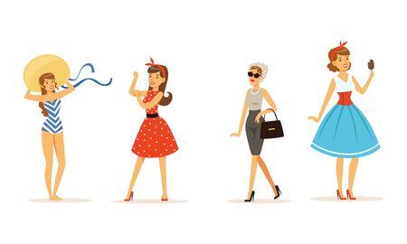 Collection of Beautiful Young Women Dressed Retro Style Stylish Clothes, Pretty Girls in Different Situations Vector Illustrationのイラスト素材