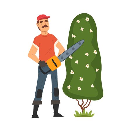 Man Gardener Shearing Bush with Saw, Male Farmer Character Working at Garden or Farm Vector Illustrationのイラスト素材