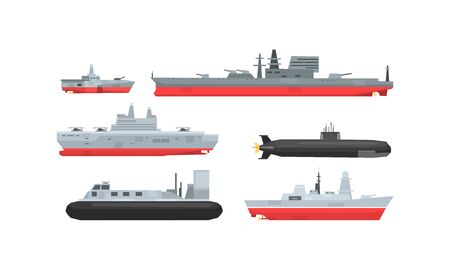 Naval Combat Ships Collection, Military Boat, Frigate, Battleship and Submarine Vector Illustrationのイラスト素材