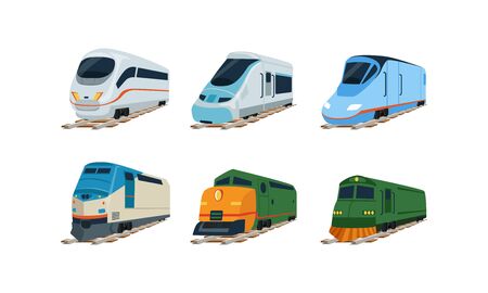 Train Locomotives Collection, Modern and Retro Railway Carriages Vector Illustrationのイラスト素材