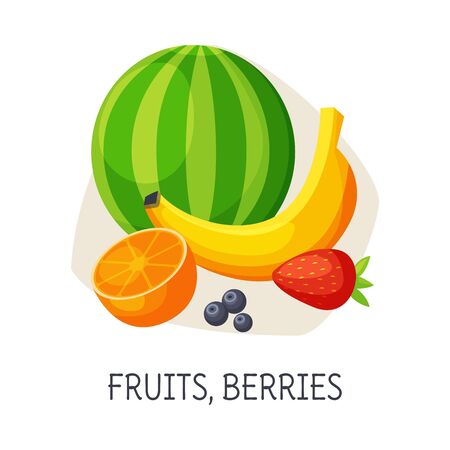 Healthy Food for Brain, Fruits and Berries, Fresh Strawberry, Orange, Watermelon, Blueberry, Banana Vector Illustration on White Background.のイラスト素材