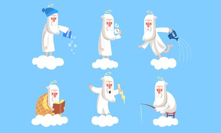 Funny Elderly Male Angel Character in Different Situations Collection, Activity of Holy Old Man on Heaven Vector Illustrationのイラスト素材