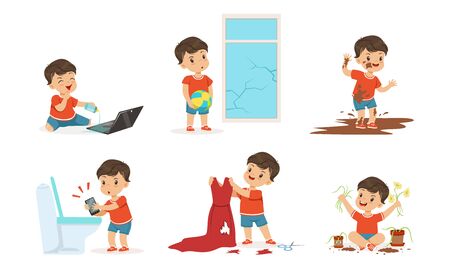Bully Boy in Different Situations Set, Funny Hoodlum Little Kid, Bad Child Behavior Vector Illustration on White Backgroundのイラスト素材