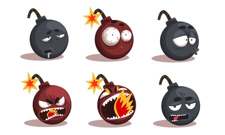Collection of Bomb Cartoon Characters with Funny Faces and Various Emotions Vector Illustration Isolated on White Background.のイラスト素材