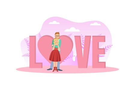Smiling Young Man and Woman Hugging while Standing in Front of Love Big Word, Happy Loving Couple on Romantic Date Vector Illustrationのイラスト素材