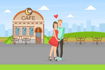 Romantic Loving Couple Standing and Hugging in Front of Cafe Building, Happy Young Man and Woman on Romantic Date Vector Illustration in Flat Style.のイラスト素材