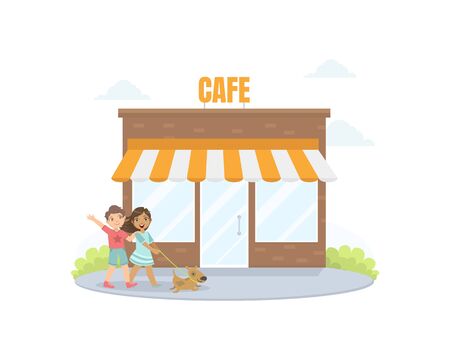 Cute Boy and Girl Walking with Dog, Friendship and Love Between Kids, Happy Valentine Day Cartoon Vector illustration.のイラスト素材