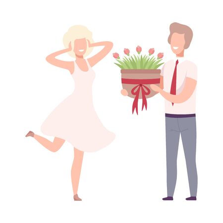 Romantic Couple in Love, Man Giving Pot with Blooming Flowers to Happy Blonde Woman Flat Vector Illustrationのイラスト素材