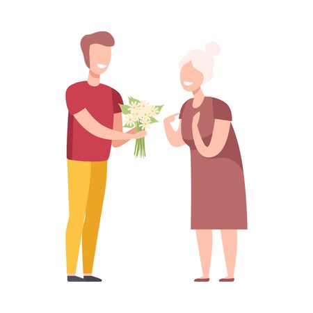 Young Man Giving Bouquet of Flowers to Elderly Woman Flat Vector Illustrationのイラスト素材