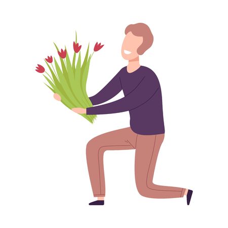 Man Kneeling Down with Bouquet of Flowers, Holiday Congratulations, Romantic Date Vector Illustrationのイラスト素材