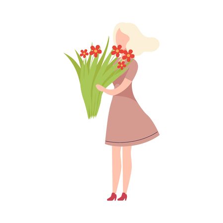 Beautiful Young Smiling Woman Holding Bouquet of Flowers, Happy Attractive Girl Character Wearing Casual Stylish Clothes Flat Vector Illustrationのイラスト素材