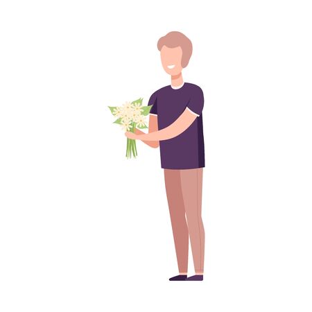 Romantic Young Man with Bouquet of White Flowers Flat Vector Illustration on White Background.のイラスト素材