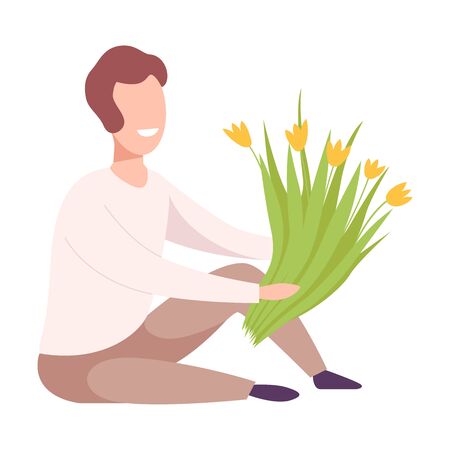 Smiling Romantic Young Man with Bouquet of Yellow Tulip Flowers Flat Vector Illustrationのイラスト素材
