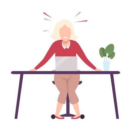 Businesswoman Sitting at the Desk Looking Scared at Laptop Computer Flat Vector Illustrationのイラスト素材