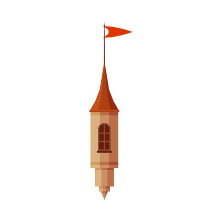 Castle Tower Part with Red Flag, Element of Medieval Stone Fortress Vector Illustrationのイラスト素材