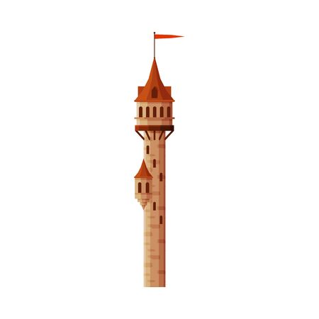 Castle Tower with Red Flag, Part of Medieval Ancient Stone Fortress Vector Illustrationのイラスト素材