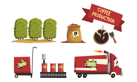 Coffee Production Process Collection, Harvesting, Roasting, Packing, Logistics Vector Illustration Isolated on White Background.のイラスト素材